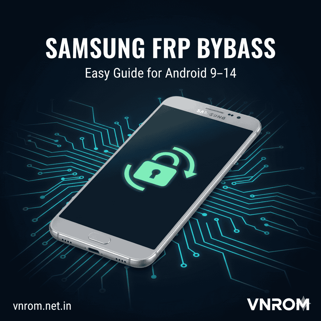 Step-by-step Samsung FRP bypass on Android 9–14 using VNROM tool to unlock Google account safely.